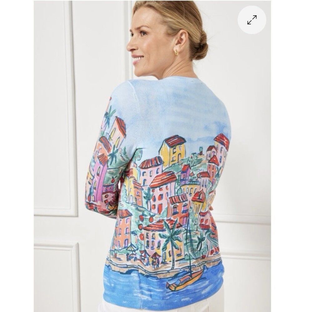 Talbots Charming Cardigan Scenic Riviera Cotton Coastal Novelty Size M - Picture 5 of 9